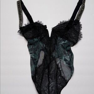 Victoria's Secret Black Lace teddy Bodysuit shine rhinestone straps